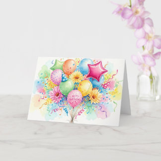 Watercolor Happy Birthday Balloons & Flowers Card