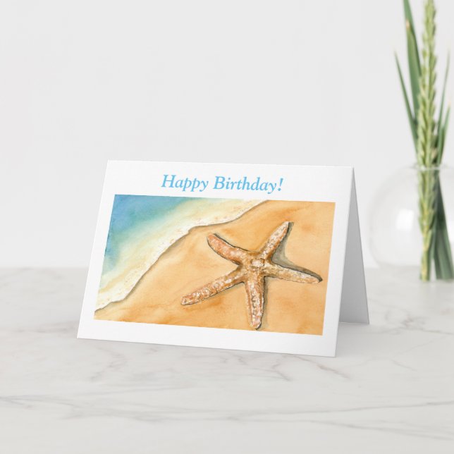 Watercolor Happy Birthday Starfish On Beach Card (Front)
