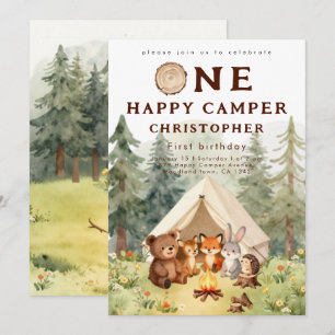 Watercolor Happy Camper 1st Birthday Invitation