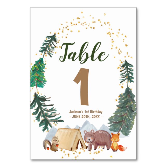 Watercolor Happy Camper 1st Birthday Table Number (Front)