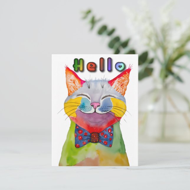 Watercolor Happy Cat Greeting Card (Standing Front)