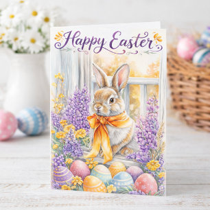 Watercolor Happy Easter Bunny Card Soft Floral