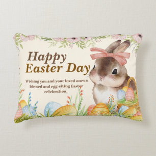 Watercolor Happy Easter Day Floral Bunny with Bow Accent Pillow