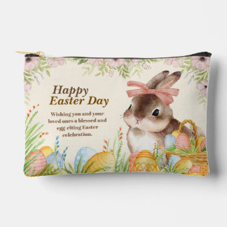 Watercolor Happy Easter Day Floral Bunny with Bow Accessory Pouch
