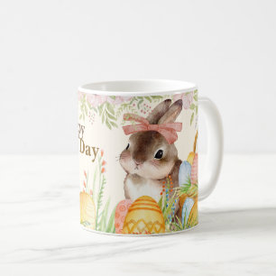 Watercolor Happy Easter Day Floral Bunny with Bow Coffee Mug
