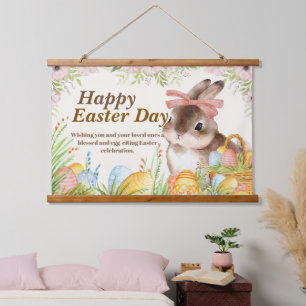 Watercolor Happy Easter Day Floral Bunny with Bow Hanging Tapestry