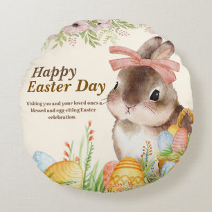 Watercolor Happy Easter Day Floral Bunny with Bow Round Pillow