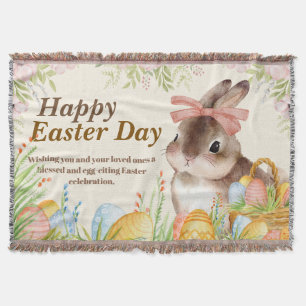 Watercolor Happy Easter Day Floral Bunny with Bow Throw Blanket