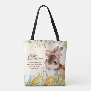 Watercolor Happy Easter Day Floral Bunny with Bow Tote Bag