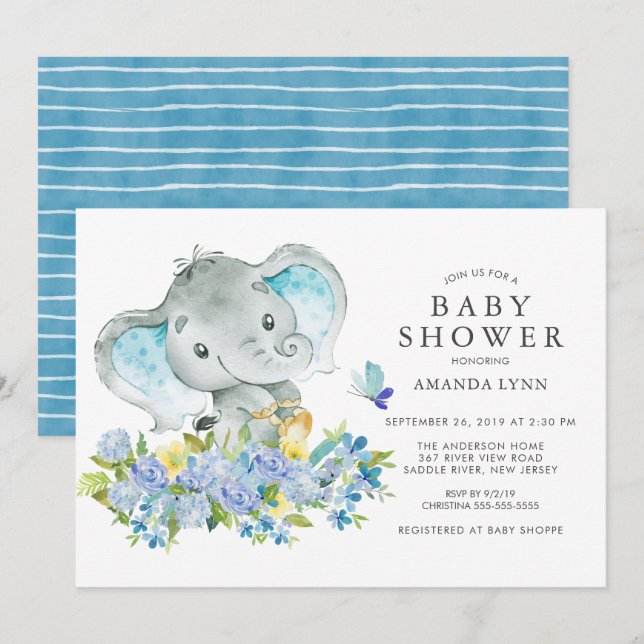 Watercolor Happy Elephant Baby Boy Shower Invitation (Front/Back)