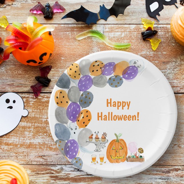 Watercolor Happy Halloween Costume Party Paper Plate (Wonderful colorful Halloween watercolor design for your Halloween party!
)