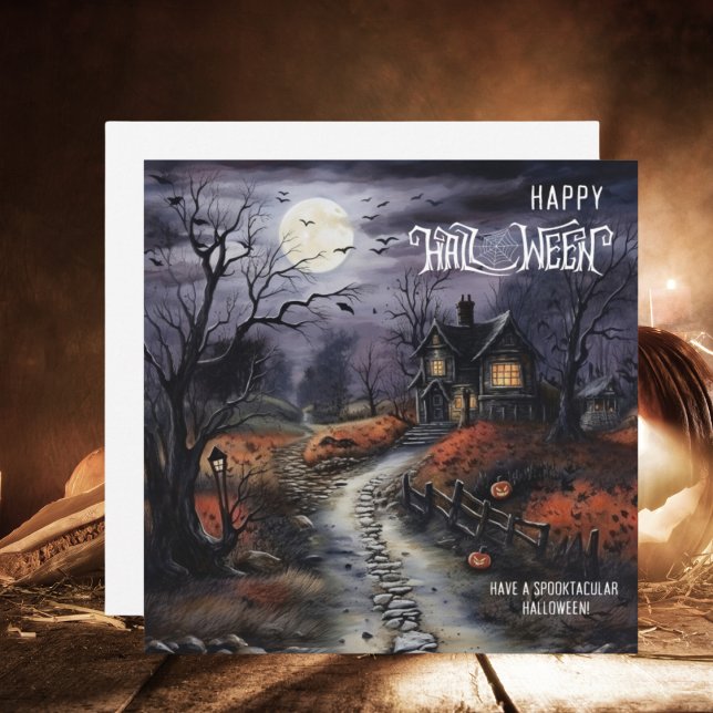 Watercolor Happy Halloween Haunted House Holiday Card (Creator Uploaded)