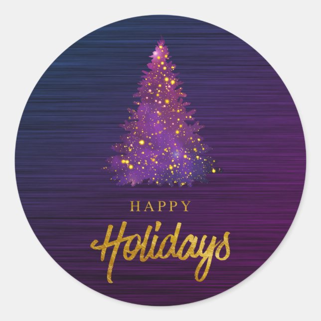 Watercolor Happy Holidays Christmas Tree Classic Round Sticker (Front)