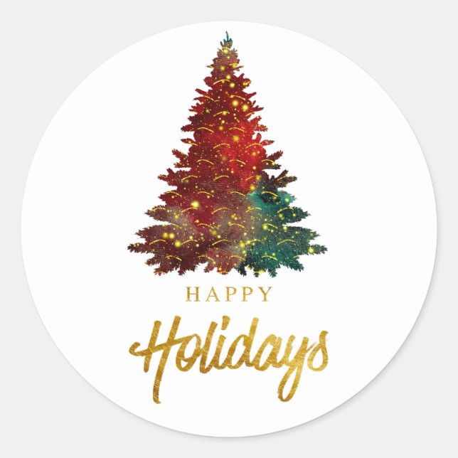 Watercolor Happy Holidays Christmas Tree Classic Round Sticker (Front)