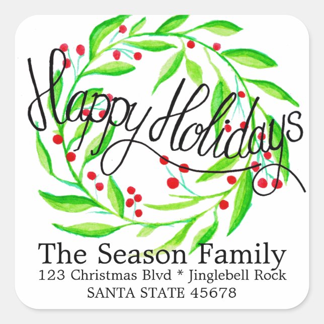 watercolor Happy Holidays holly address Square Sticker (Front)