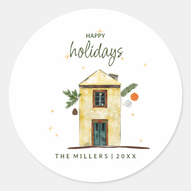 Watercolor Happy Holidays House  Classic Round Sticker (Front)