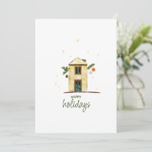 Watercolor Happy Holidays House Non-photo Holiday Card