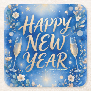 Watercolor Happy New Year with with Fireworks art Square Paper Coaster