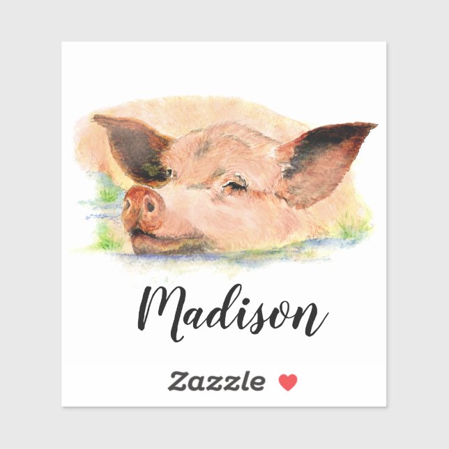 Watercolor Happy Pig Swine Animal art Custom Name (Sheet)