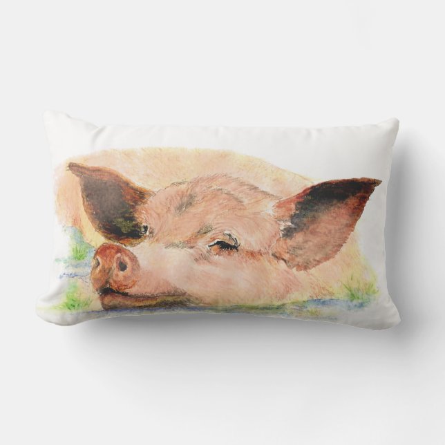 Watercolor Happy Sleeping Pig Farm Animal art Lumbar Pillow (Front)