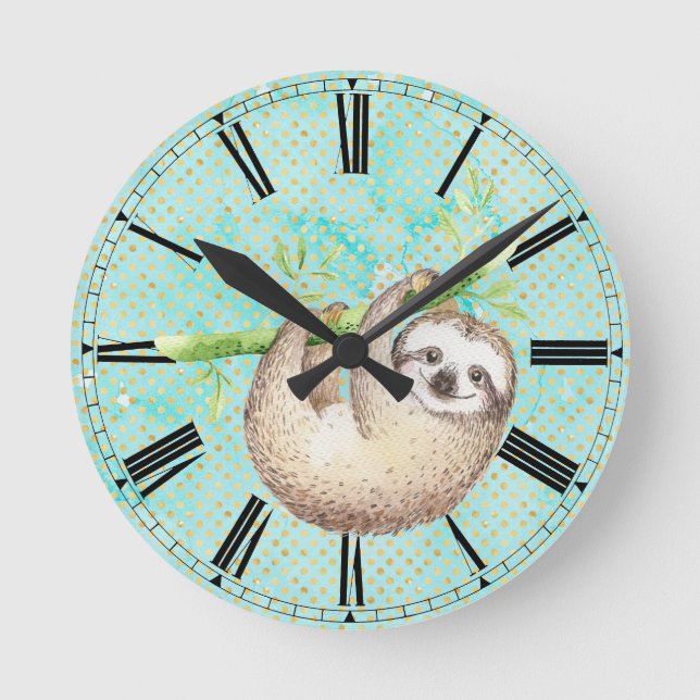 Watercolor Happy Sloth Round Clock (Front)
