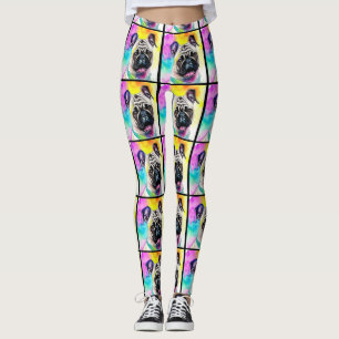 Watercolor happy smile pug puppy colourful legging