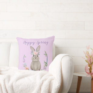 Watercolor Happy Spring Bunny Rabbit and Flowers Throw Pillow
