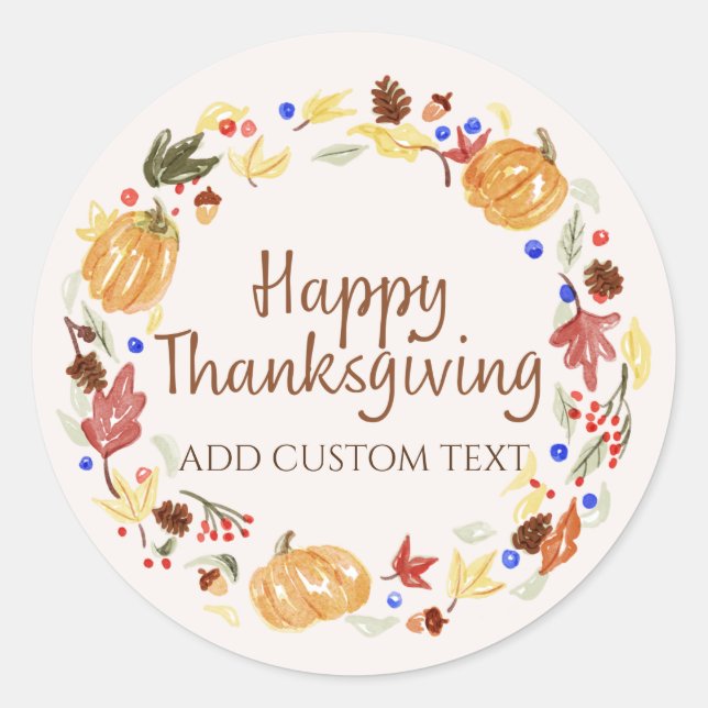 Watercolor Happy Thanksgiving Personalized  Classic Round Sticker (Front)