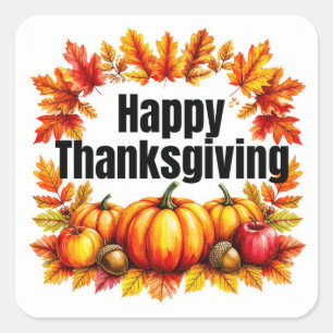Watercolor Happy Thanksgiving Pumpkins & Leaves Square Sticker