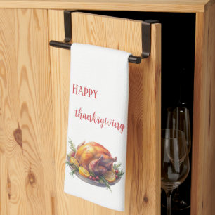 Watercolor Happy Thanksgiving, Roasted turkey gift Kitchen Towel