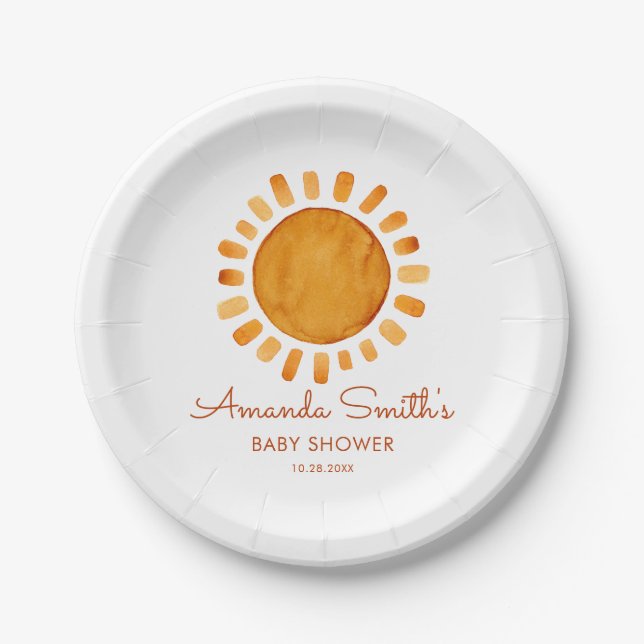 Watercolor Happy Yellow Sunshine Baby Shower  Paper Plate (Front)