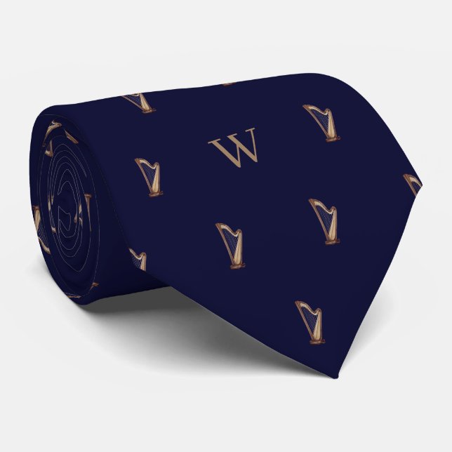 Watercolor Harp Monogram Initial Midnight Blue Tie (Rolled)