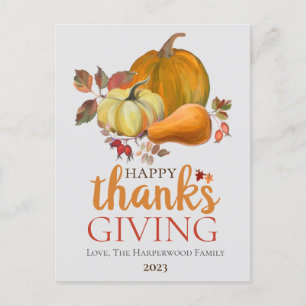 Watercolor Harvest autumn happy thanksgiving Holiday Postcard