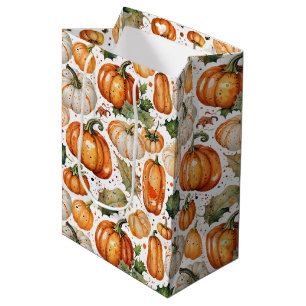 Watercolor Harvest Pumpkin and Autumn Leaf Pattern Medium Gift Bag