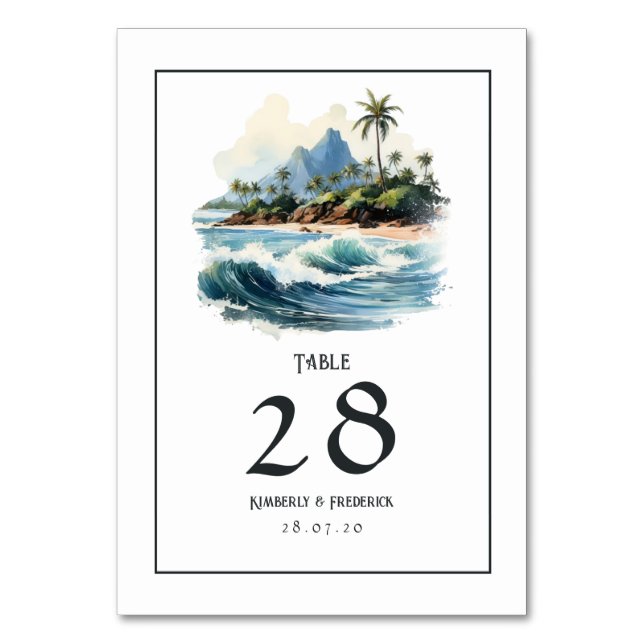 Watercolor Hawaii Destination Wedding Table Number (Front)