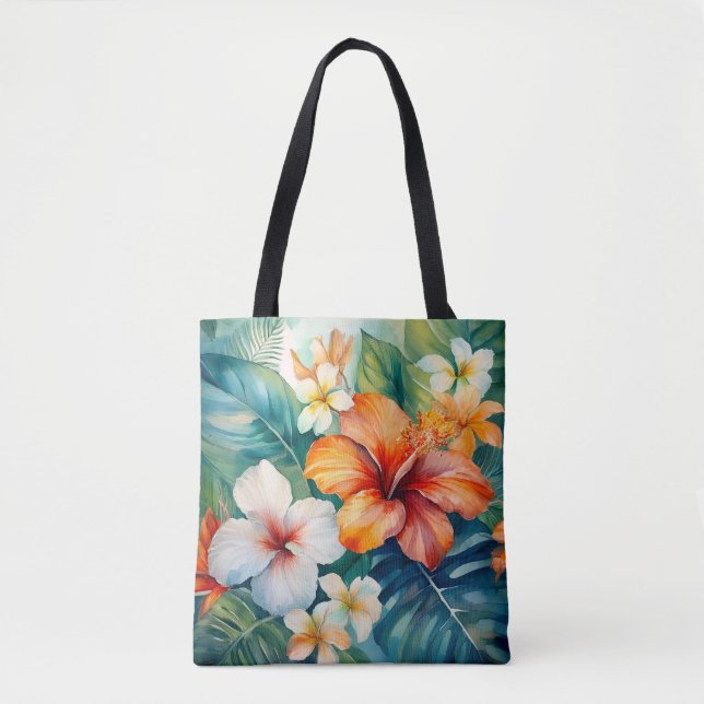 Watercolor Hawaiian Garden Tropical Beach Bag (Front)