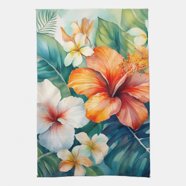 Watercolor Hawaiian Garden Tropical Hibiscus Kitchen Towel (Vertical)