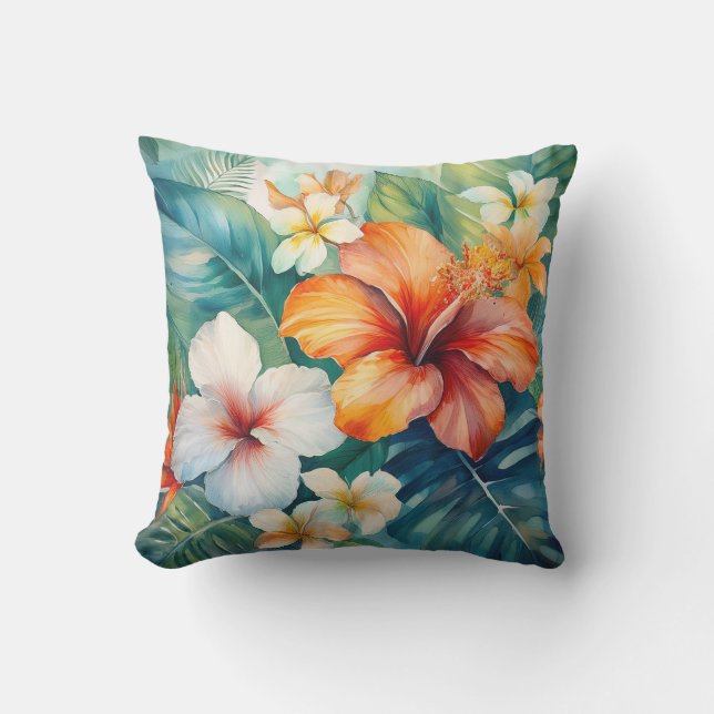 Watercolor Hawaiian Garden Tropical Hibiscus Outdoor Pillow (Front)