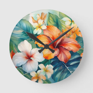 Watercolor Hawaiian Garden Tropical Hibiscus Round Clock