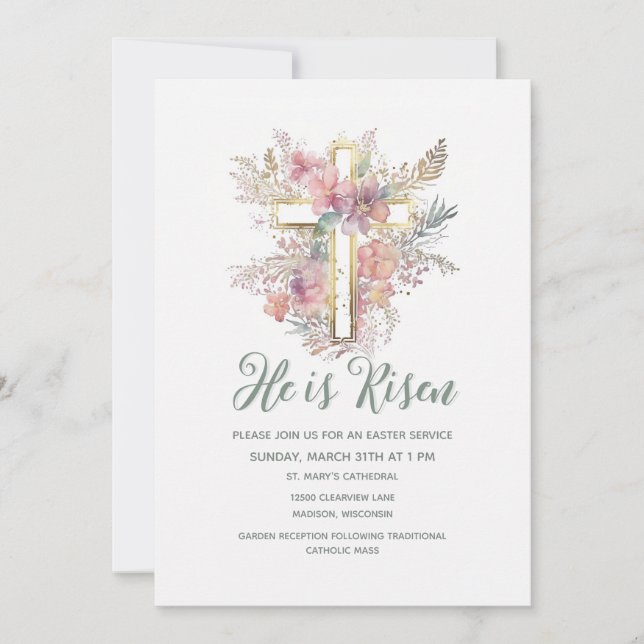 Watercolor He is Risen Religious Easter Floral Invitation (Front)