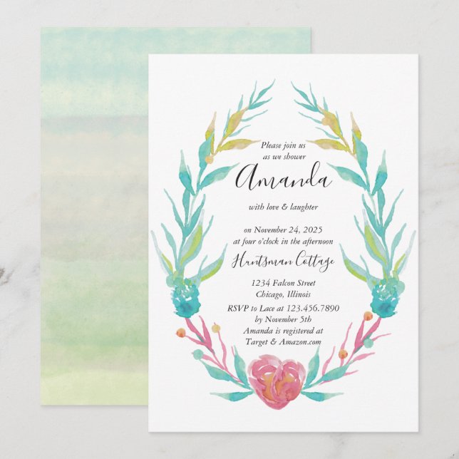 Watercolor heart and floral frame bridal shower  invitation (Front/Back)