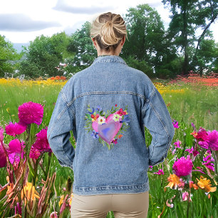 Watercolor Heart and Flowers Denim Jacket