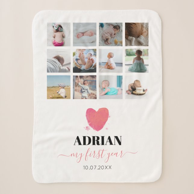 Watercolor Heart Baby's First Year Photo Collage Sherpa Blanket (Front)