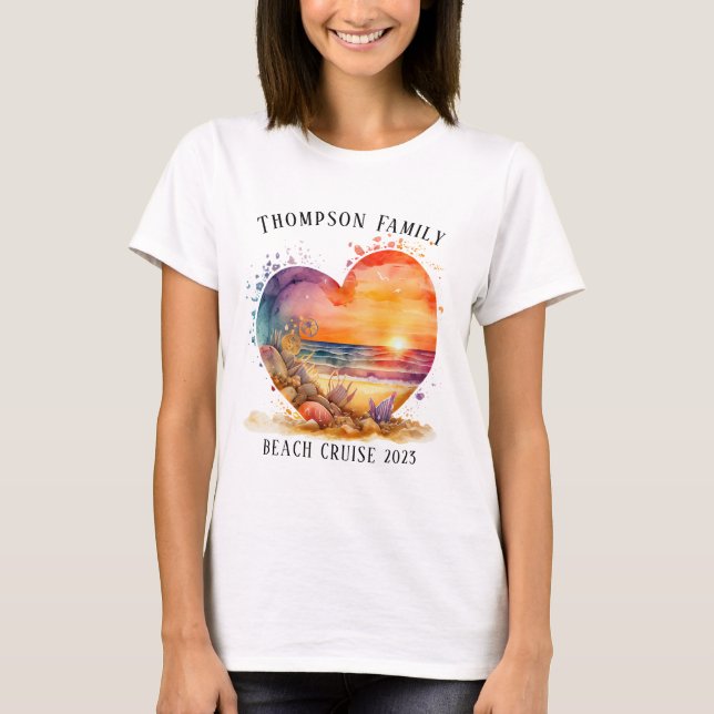 Watercolor Heart Beach Family Cruise Vacation T-Shirt (Front)