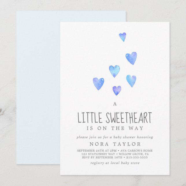 Watercolor Heart Boy Little Sweetheart Baby Shower Invitation (Front/Back)