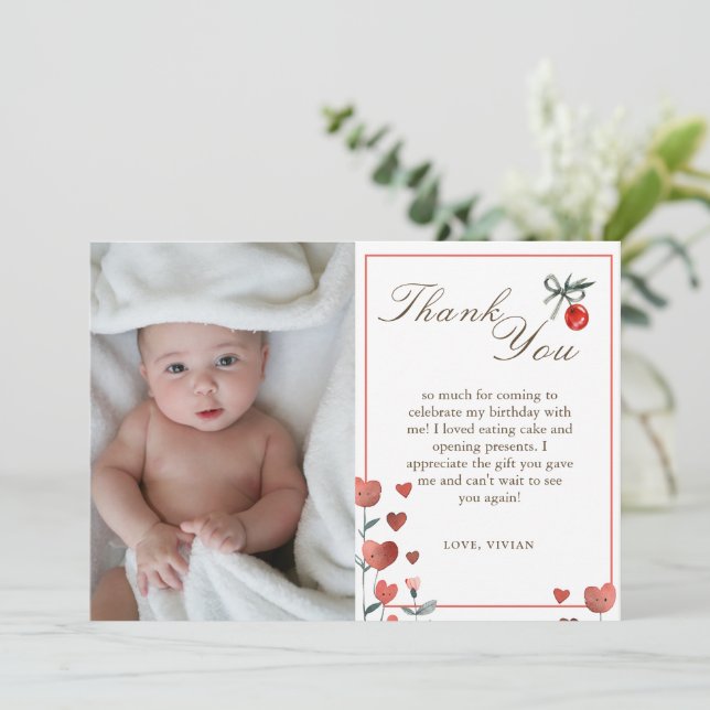 Watercolor Heart & Cherry On Top Thank You Card (Standing Front)