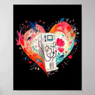 Watercolor Heart Floral Dialysis Nurse Nephrology Poster