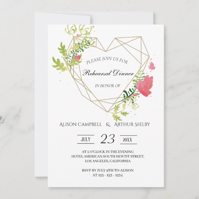 Watercolor Heart Floral Frame Rehearsal Dinner Invitation (Front)