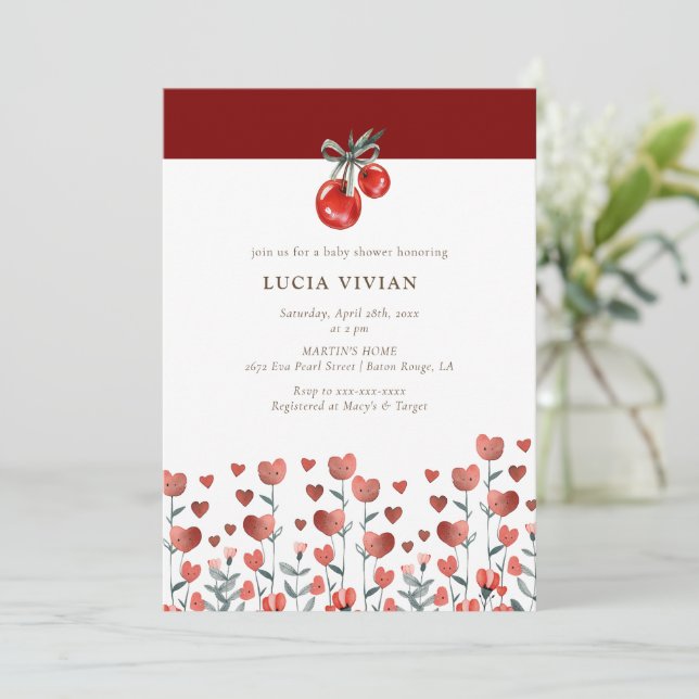 Watercolor Heart Floral Red Cherry Invitation (Debout devant)