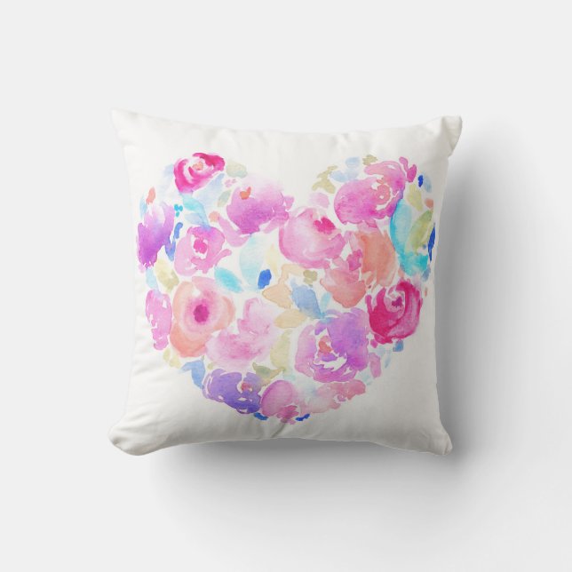 Watercolor Heart. Flower Heart Throw Pillow (Front)